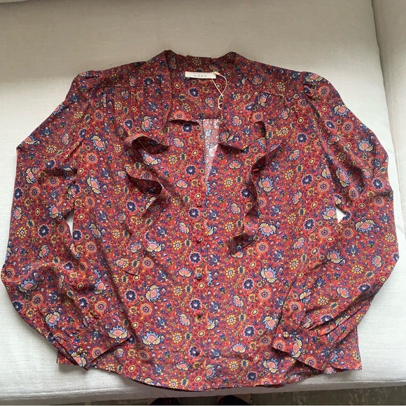 NWT Doen Josseline Silk Button Tie Neck Blouse Top Red Rouge Riviera Medallian - Picture 4 of 11